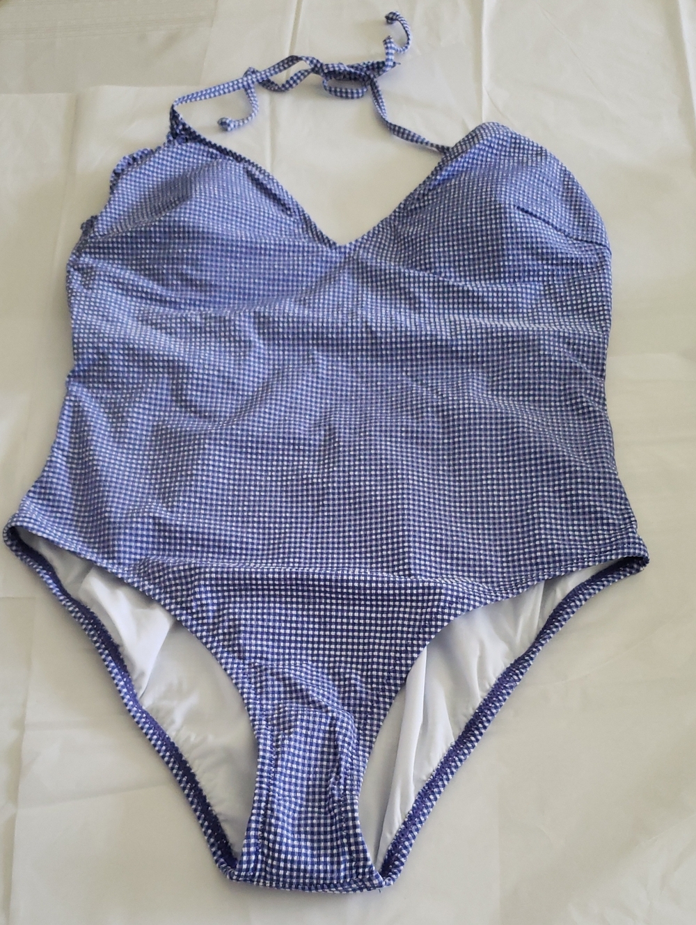J. Crew NEW Blue Ruffle Halter Gingham One-Piece Swimsuit Women's 14 - Picture 2 of 12